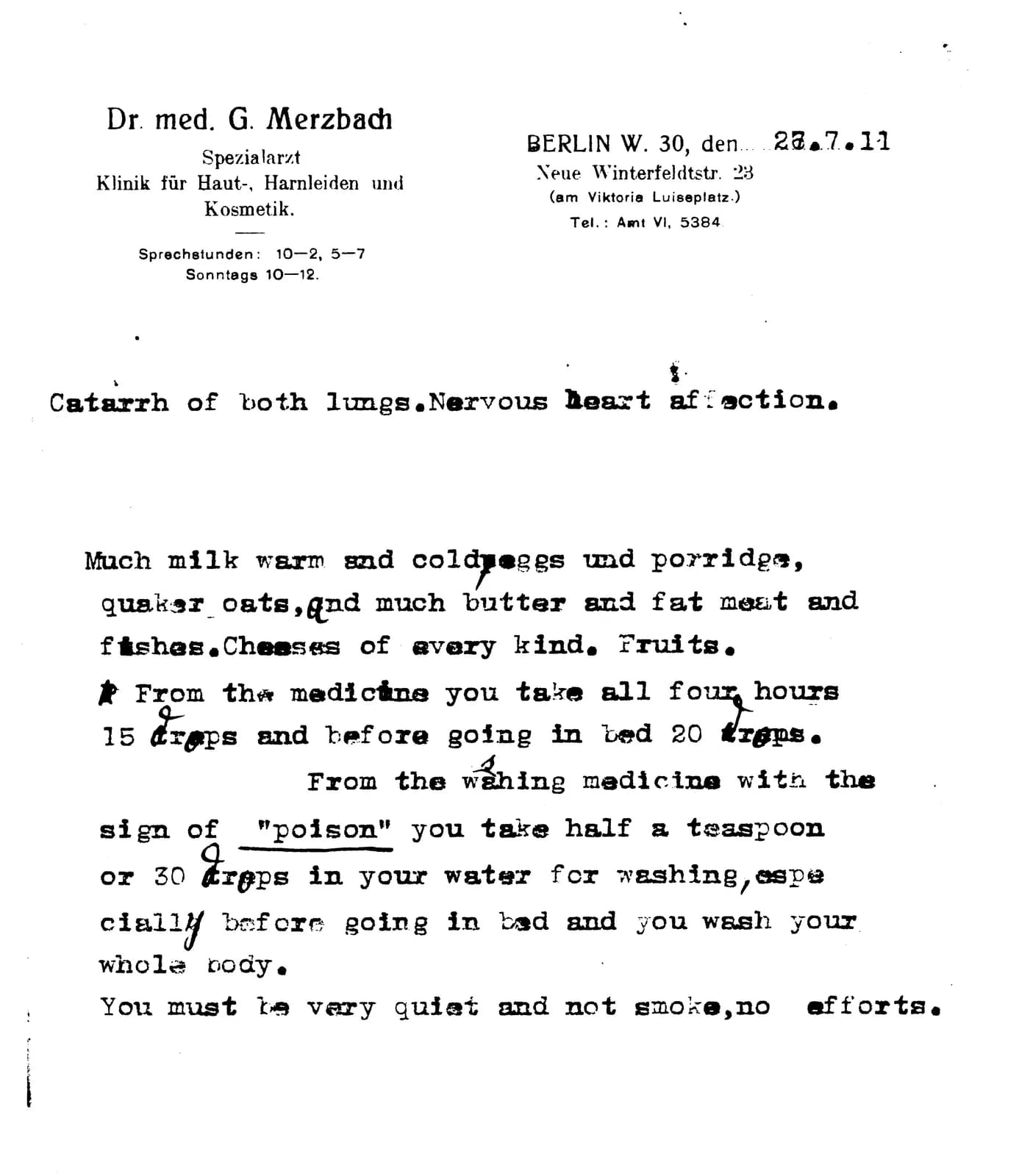 A typed medical letter on a printed Berlin letterhead, beginning Catarrh of both lungs