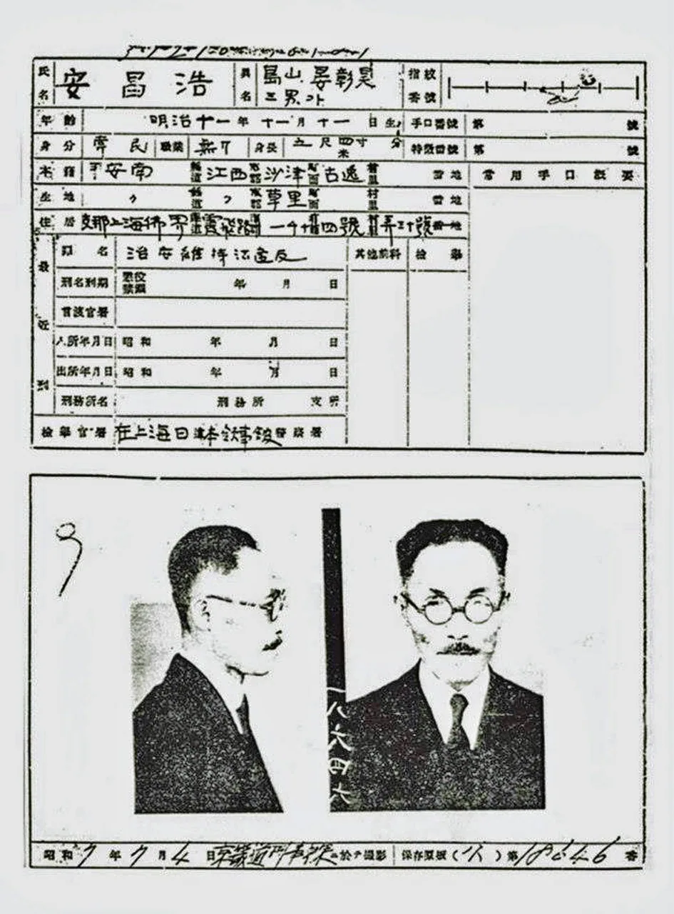 초상 사진과 손으로 채운 인쇄 항목이 있는 일제 형무소 수형 기록 카드