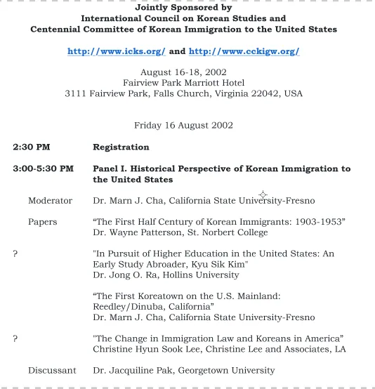 A conference programme page from August 2002 listing a panel on Korean immigration with a paper titled The First Koreatown on the U.S. Mainland: Reedley/Dinuba, California