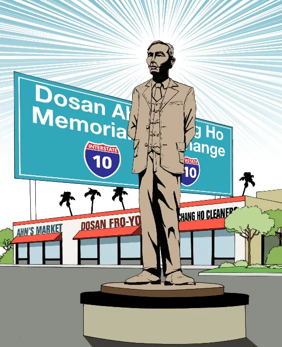 A colour editorial cartoon of a bronze statue of Dosan Ahn Chang-ho standing before a freeway interchange sign bearing his name and a row of shops named after him