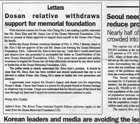 A newspaper letters column headed Dosan relative withdraws support for memorial foundation, signed Philip Ahn Cuddy