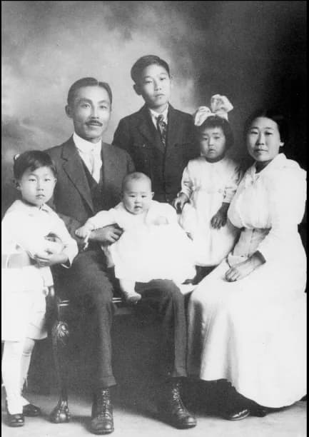Studio portrait of a seated couple with five children