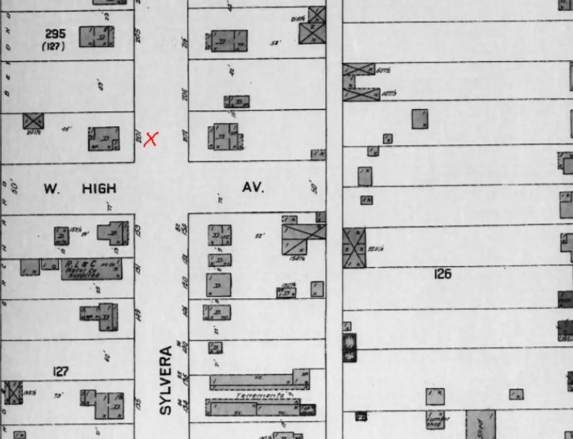 Sylveria Street가 있는 1908년 레드랜즈 샌본 보험 지도. 201번지 필지가 표시됨