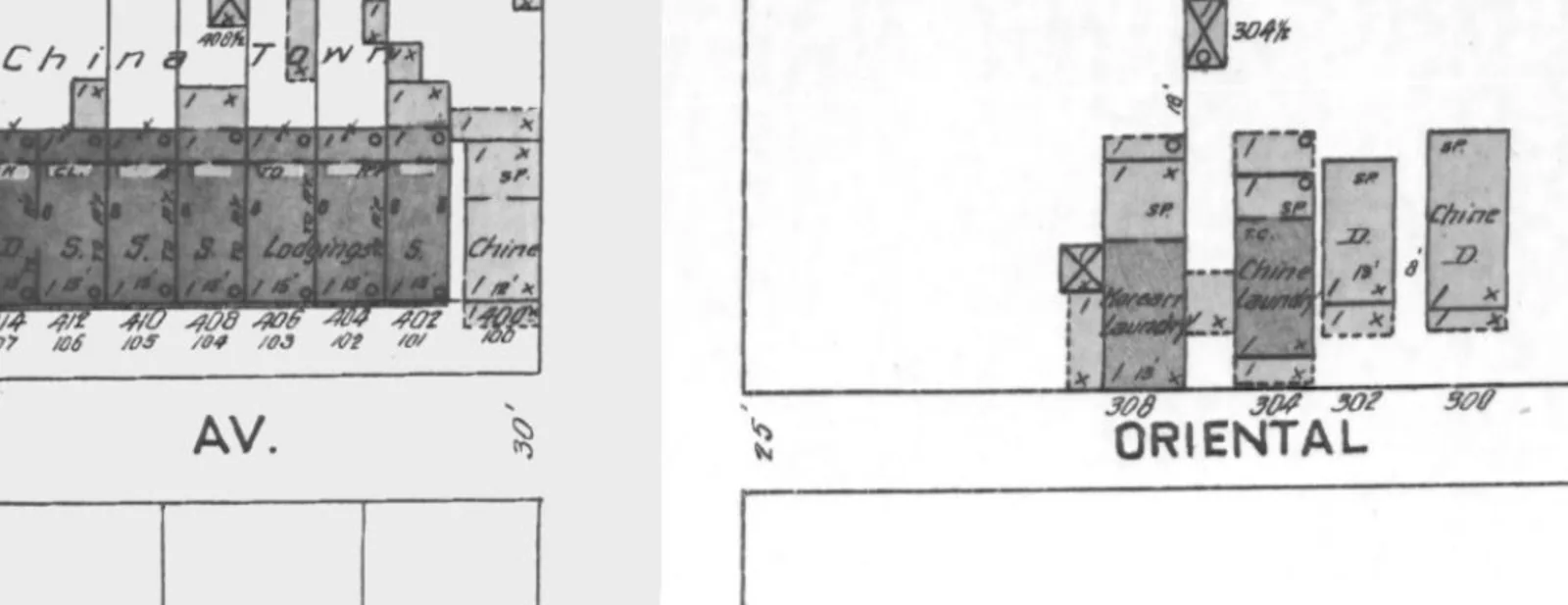 레드랜즈 Lugonia와 Oriental Avenue를 보여 주는 1908년 샌본 지도의 가로 띠. 세탁소 두 곳이 나란히 표시됨
