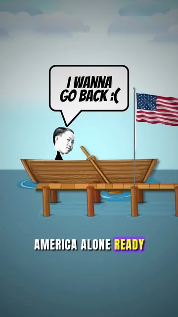 표지 프레임: 미국 국기 아래 부두의 작은 배 만화. 배 안의 사진 속 소년이 “I wanna go back :(”라고 말한다. 자막 “America alone ready”